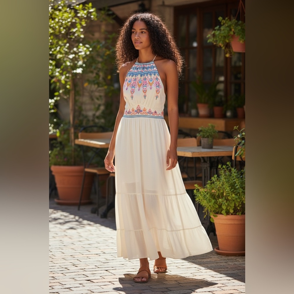 Boho Embroidered Cream Feminine Halter Maxi Dress Size M - Picture 3 of 8